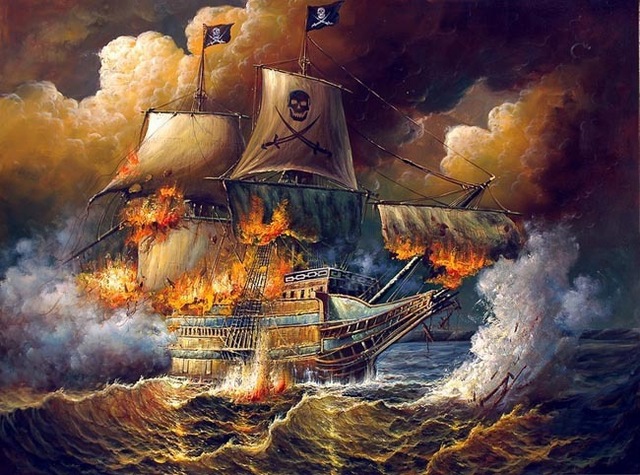 640x475 Fine Oil Painting Seascape Burning Pirate Ship Amp Ocean Waves - Pirate Ship Oil Painting