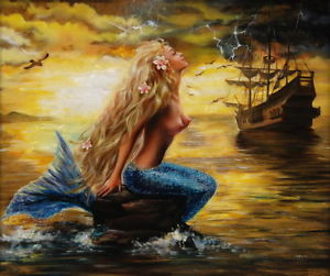 300x251 Modern Home Art Decor Mermaid And The Pirate Ship Oil Painting - Pirate Ship Oil Painting