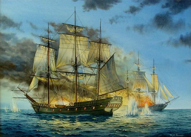 740x531 Oil Painting Of Privateer Rattlesnake By Richard Moore - Pirate Ship Oil Painting