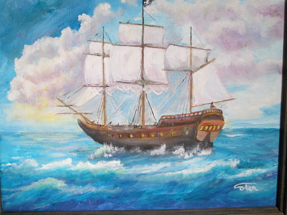 570x428 Original Oil Painting Pirate Ship Setting Sail In The Early - Pirate Ship Oil Painting