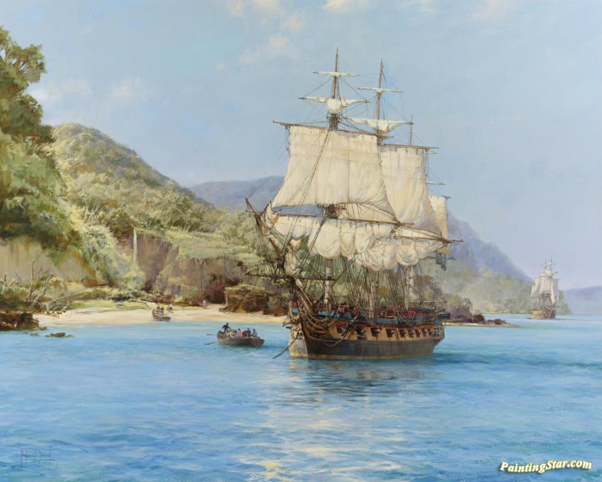 850x681 The Pirate's Cove,wafer Bay,cocos Islands Artwork By Montague - Pirate Ship Oil Painting