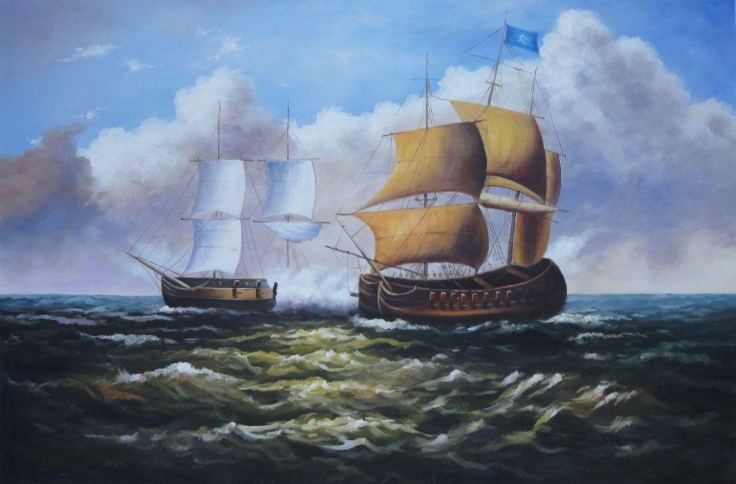 1067x702 24x36 Pirate Ship Overpowers Cargo Ship Oil Painting Classic Boat - Pirate Ship Oil Painting
