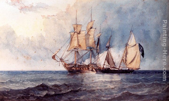 720x431 Clarkson Stanfield A Man O War And Pirate Ship At Full Sail - Pirate Ship Painting
