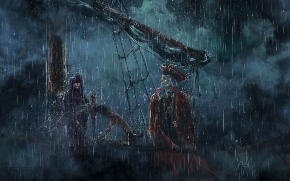 970x606 Pirate Rain Ship Schooner Storm Drawing Hd Wallpaper Creative - Pirate Ship Painting Storm