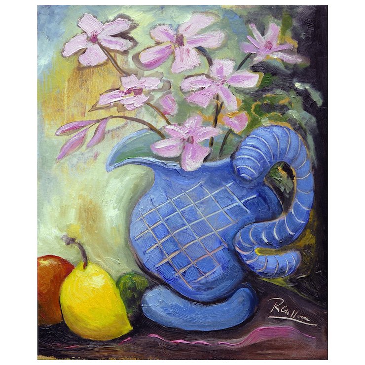 740x740 Fruit Amp Pitcher With Flowers 2015 Oil Painting Erik Renssen - Pitcher Painting
