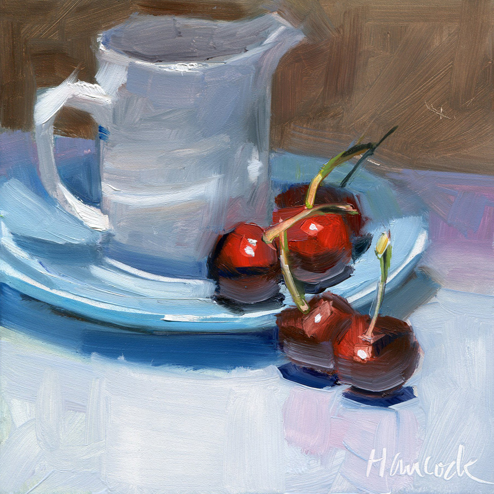 1000x1000 Gretchen Hancock's Paintings White Pitcher Blue Saucer Red Cherries - Pitcher Painting