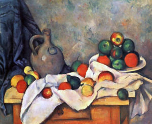 300x246 Still Life Drapery Pitcher And Fruit Bowl By Paul Cezanne, Oil - Pitcher Painting