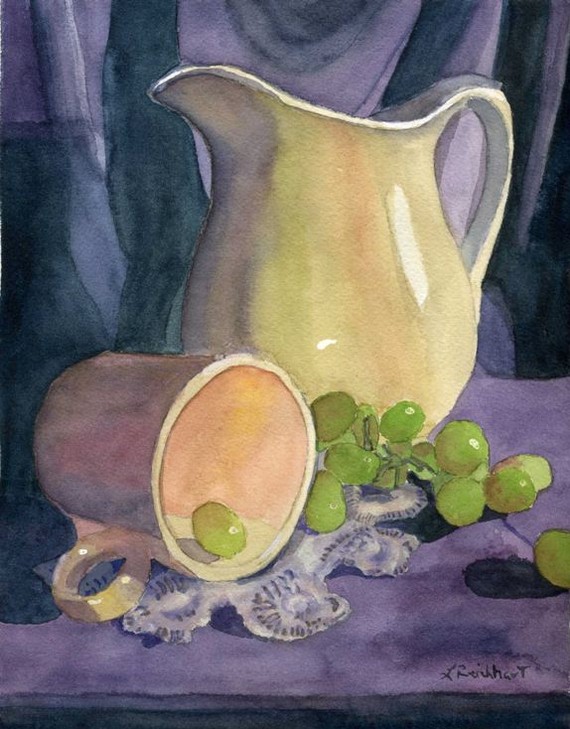 570x729 Watercolor Still Life Painting Purple Blue Pitcher Grapes Still - Pitcher Painting