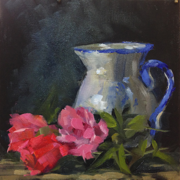 600x600 Bruce B. Hancock California Painter Roses And Blue Pitcher - Pitcher Painting