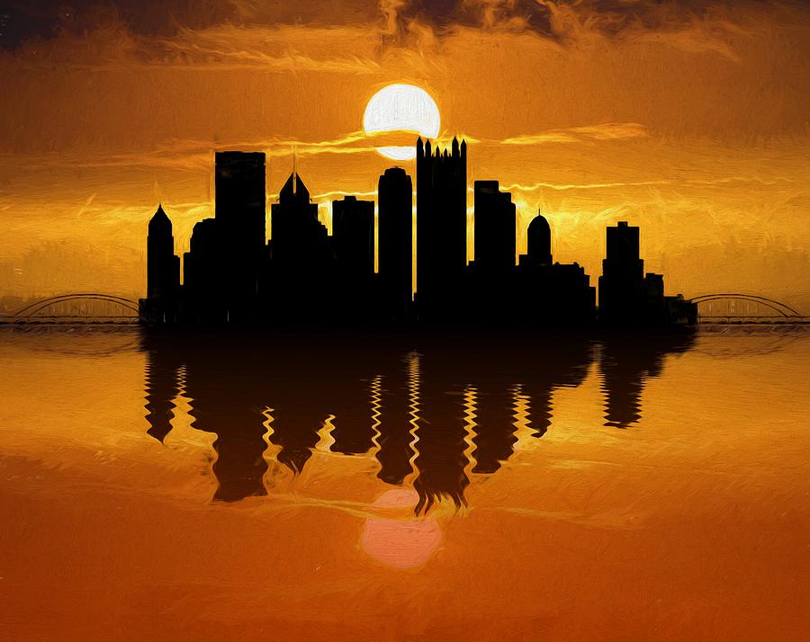 900x714 Pittsburgh Skyline Sunset Reflection Painting By Dan Sproul - Pittsburgh Painting