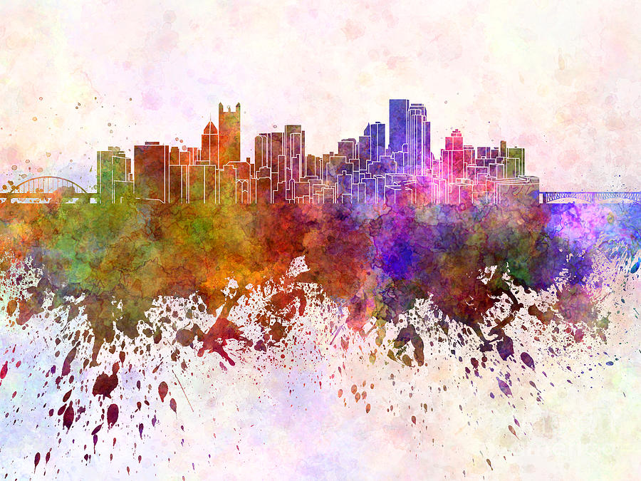 900x675 Pittsburgh Skyline In Watercolor Background Painting By Pablo Romero - Pittsburgh Skyline Painting