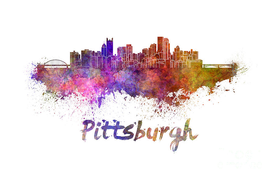 900x590 Pittsburgh Skyline In Watercolor Painting By Pablo Romero - Pittsburgh Skyline Painting
