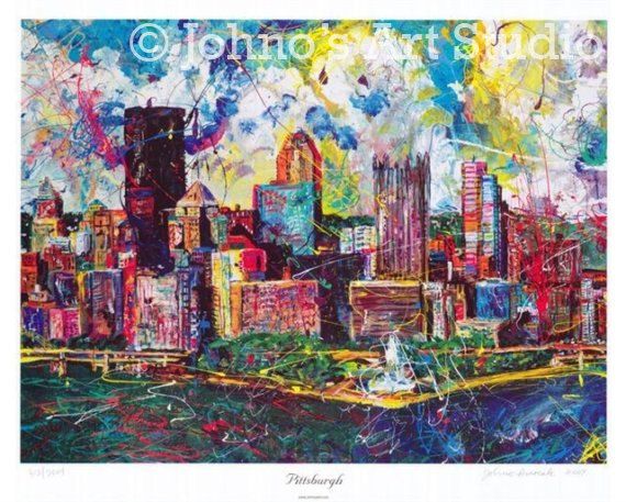 570x457 City Skyline, Pittsburgh Print, Pittsburgh Wall Art, Man Cave Art - Pittsburgh Skyline Painting