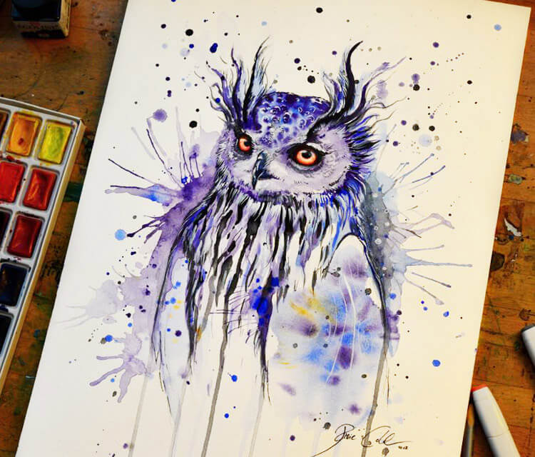 750x640 Secret Owl Watercolor Painting By Pixie Cold No. 2237 - Pixie Painting