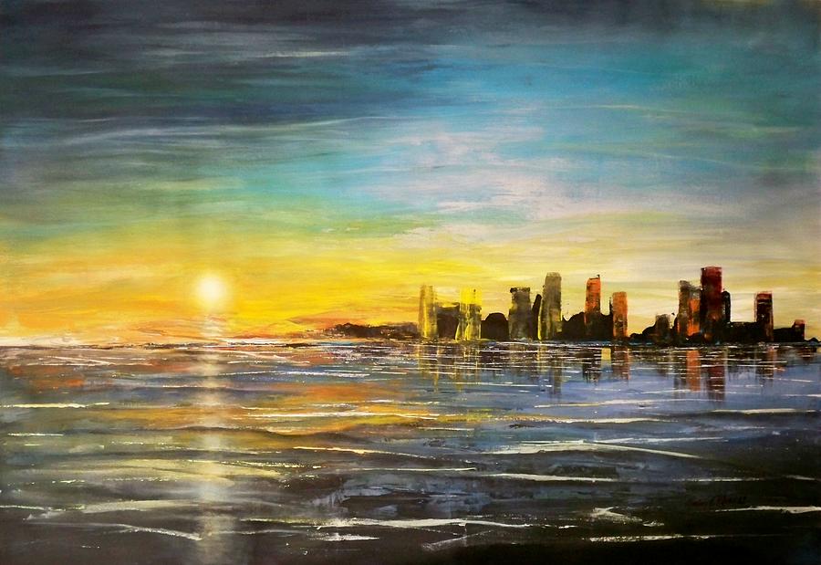 900x619 River By The City Painting By Maximo Pizarro - Pizarro Painting