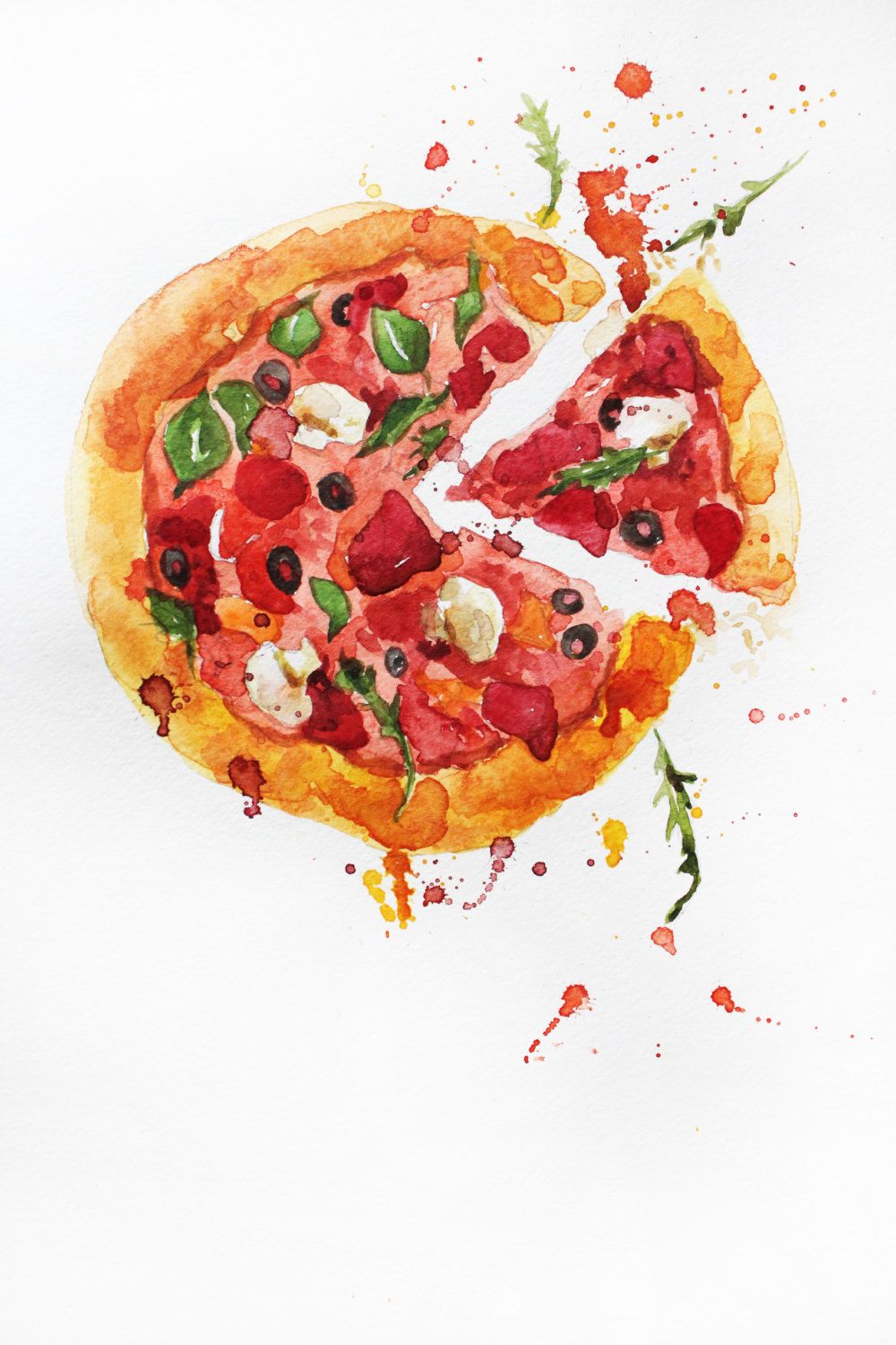 1000x1500 Original Watercolor Painting, Pizza Art, Food Watercolor, Pizza - Pizza Painting