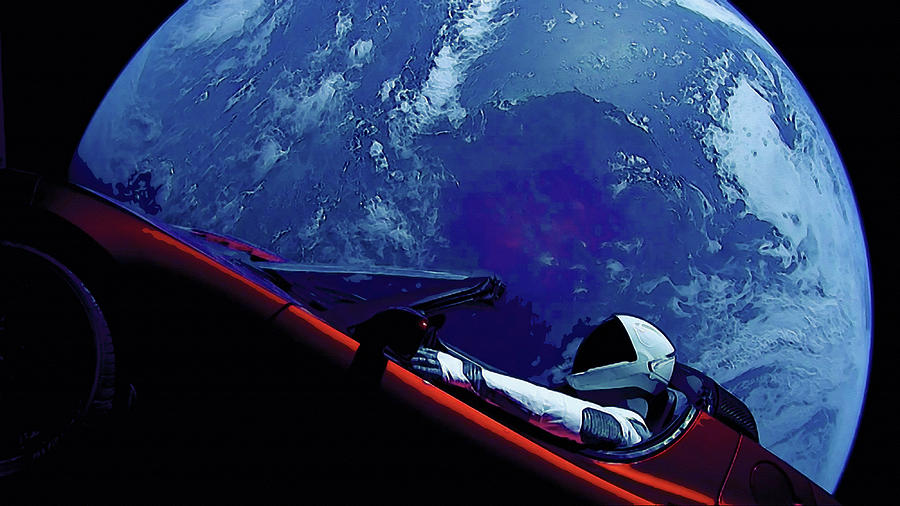 900x506 Starman In Tesla Roadster With Planet Earth Traveling In The Space - Planet Earth Painting