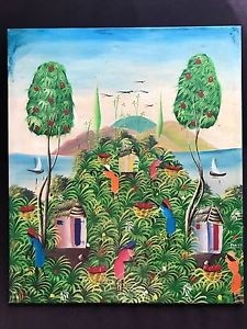 225x300 Haitian Folk Art Oil On Canvas Painting Plantation Haiti Artist - Plantation Painting