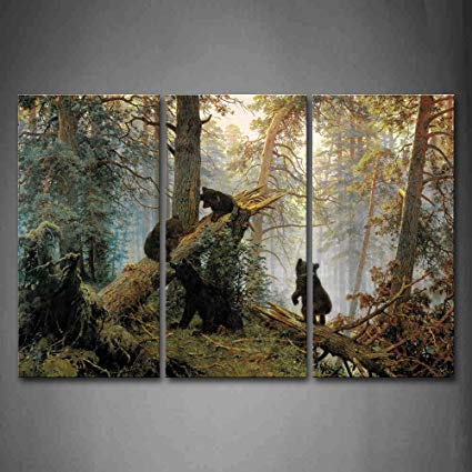 425x425 Bears Play In Forest Broken Tree Wall Art Painting - Play Painting