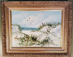 300x236 Beautiful Signed Oil Canvas Painting Beach Scene With Seagull - Pletke Painting