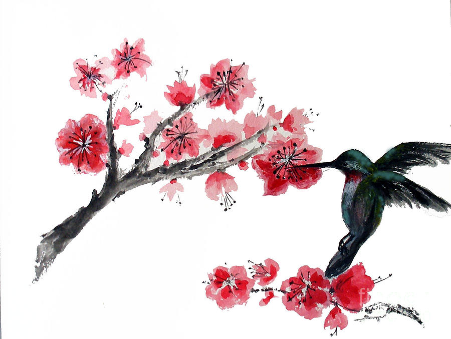900x677 Hummingbird With Plum Blossom Painting By Sibby S - Plum Blossom Painting