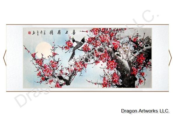 600x400 Magpie Plum Blossoms Chinese Art Painting Scroll - Plum Blossom Painting