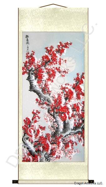 340x600 Plum Blossoms, Snow And Moon Wall Scroll Painting - Plum Blossom Painting