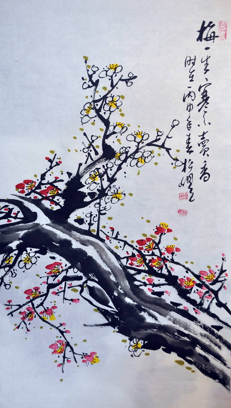 770x1359 Saatchi Art Korean Plum Blossom Tree Water Color Original - Plum Blossom Painting