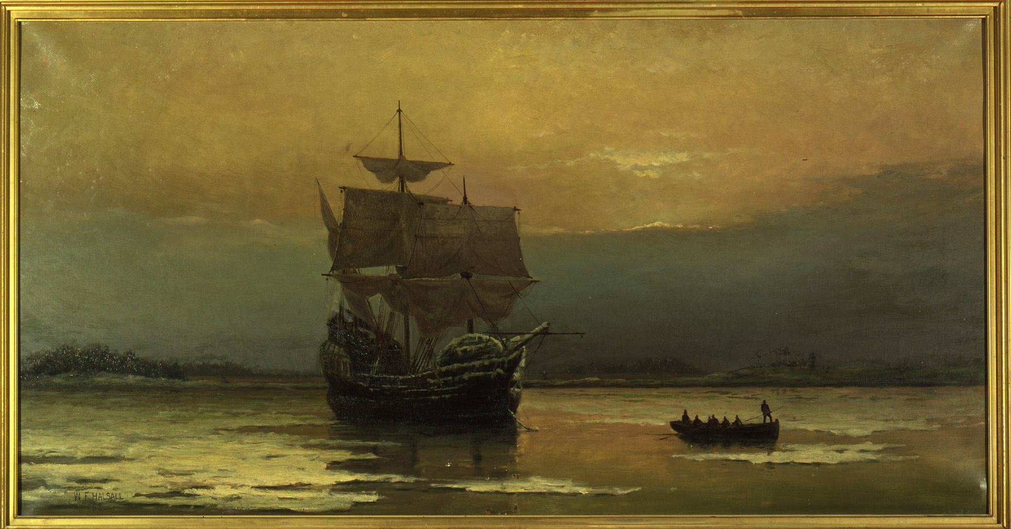 2080x1089 Mayflower On Her Arrival - Plymouth Harbor Painting