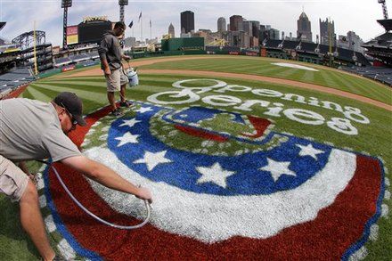 440x293 Workers Paint The Opening Day Logo Along The Third Baseline Of Pnc - Pnc Park Painting