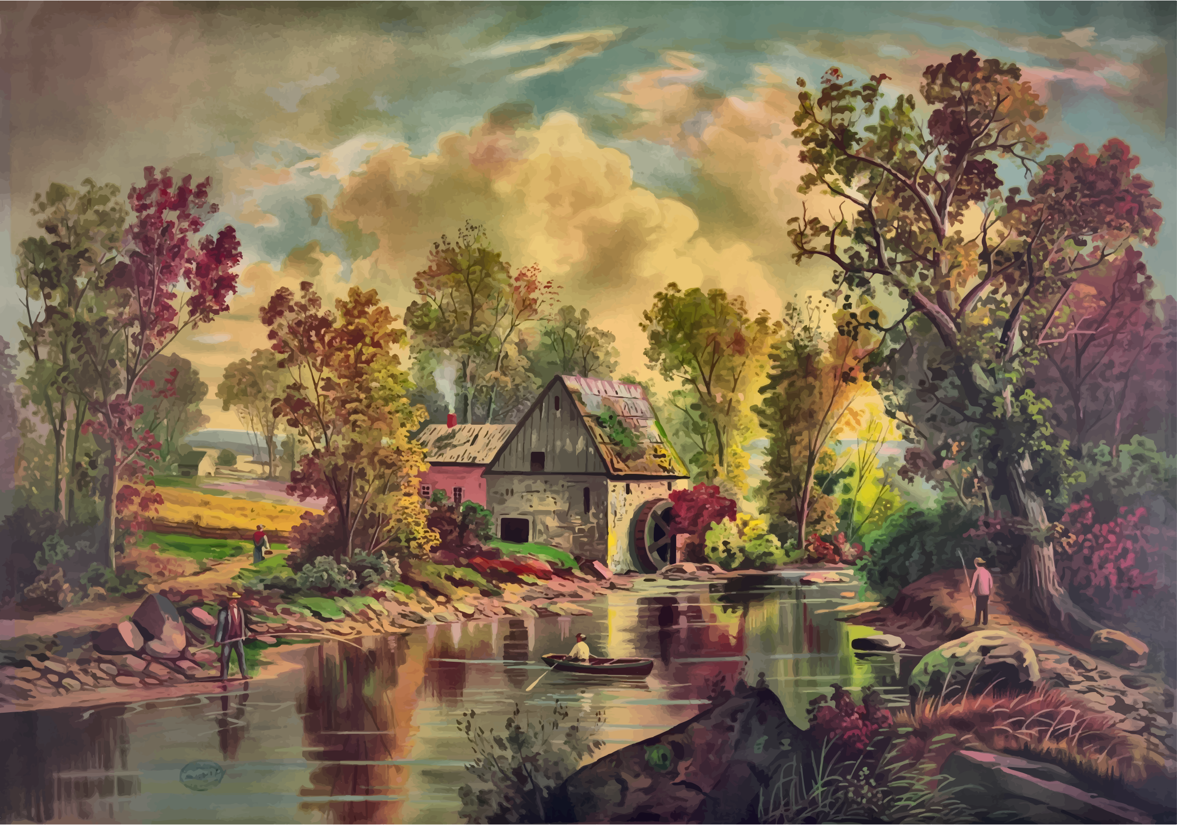 2400x1682 The Old Mill Stream Painting Icons Png - Png Painting