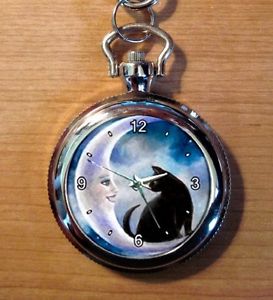 273x300 Key Chain Pocket Watch From Art Painting Black Cat 580 Moon - Pocket Watch Painting