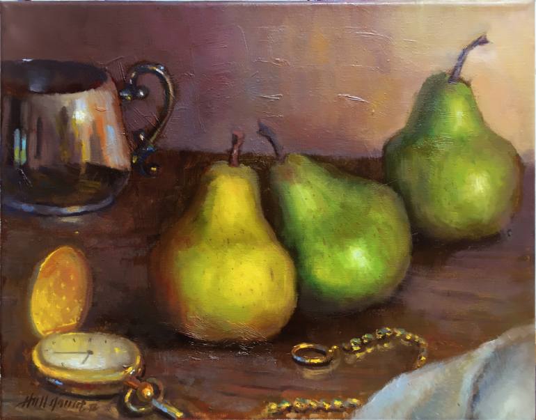 770x603 Saatchi Art Bartlett Pears With Pocket Watch And Silver Creamer - Pocket Watch Painting
