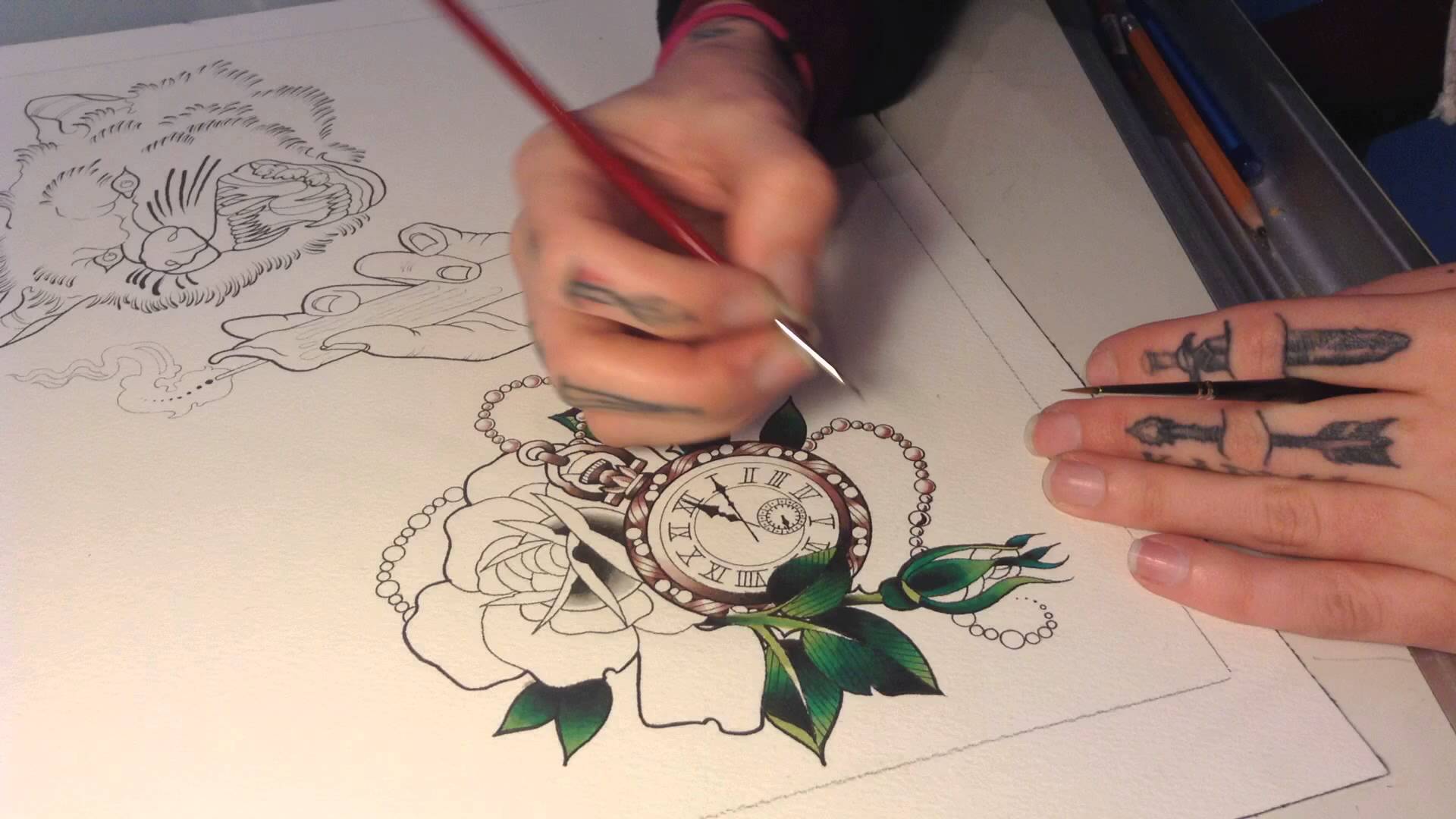 1920x1080 Time Lapse Rose And Pocket Watch Tattoo Flash Painting - Pocket Watch Painting