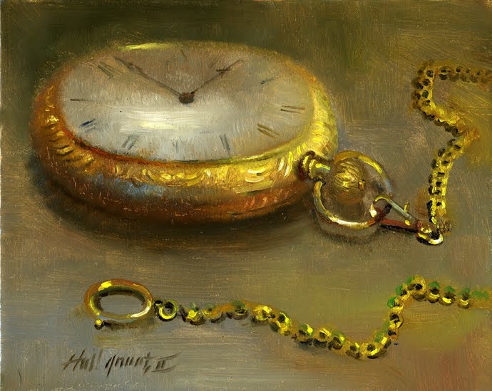 690x549 Vintage Gold Pocket Watch 8 X10 Oil On Canvas By Artist Hall Groat - Pocket Watch Painting