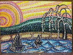 300x226 Original Aceo Folk Art Sun Sea Lake Boat Landscape Pointillism - Pointilist Painting