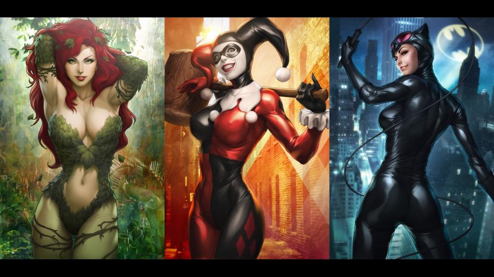 1000x562 Comics Catwoman Harley Quinn Poison Ivy 3'Size Silk Fabric Canvas - Poison Ivy Painting