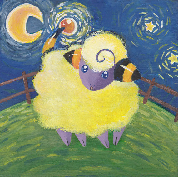 570x568 Original Art Pokemon Painting Mareep - Pokemon Painting