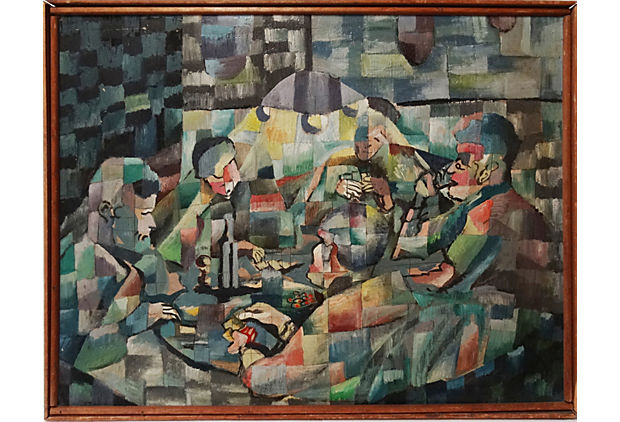 620x422 Mid Century Cubist Oil Painting Of A Backroom Poker Game Modernism - Poker Game Painting