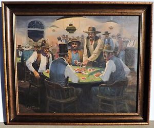 300x249 Nicholas S. Firfires Oil On Canvas Of An Action Packed Old West - Poker Game Painting