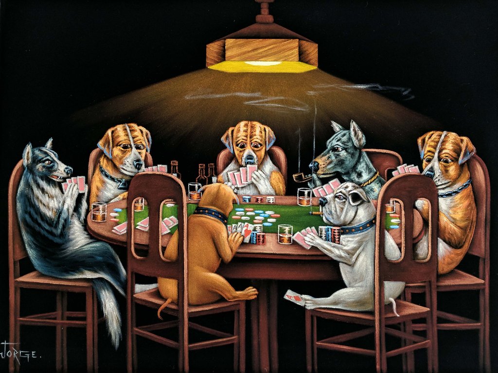 1024x768 Dogs Playing Poker Smoking Art Coolidge Black Velvet Oil Painting - Poker Painting