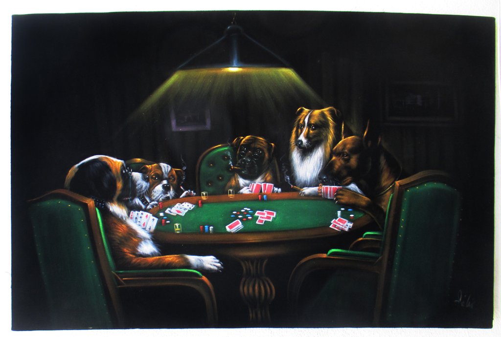1024x690 Dogs Playing Poker, Original Oil Painting On Black Velvet By - Poker Painting