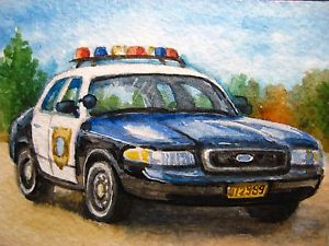 300x225 Watercolor Painting American Police Car Ford Crown Victoria Flash - Police Car Painting
