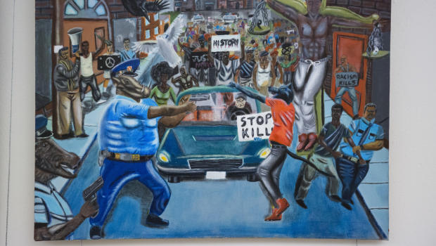 620x350 Painting Depicting Police Officer As Pig Firing Gun Removed - Police Officer Painting