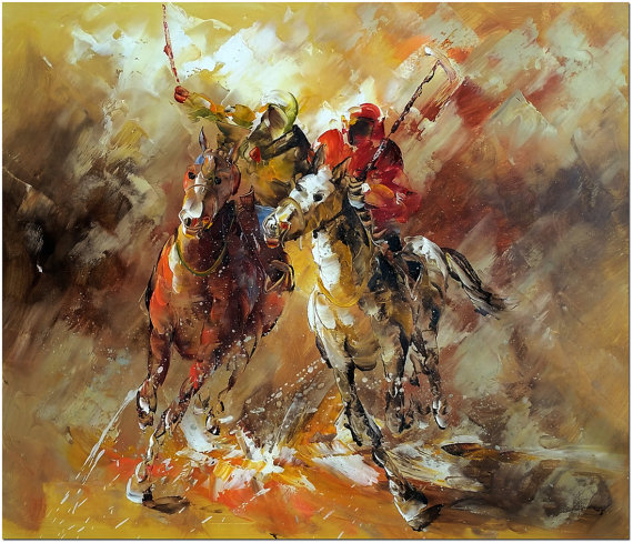 570x489 Polo Art Original Hand Painted Abstract Horse Race Oil - Polo Painting