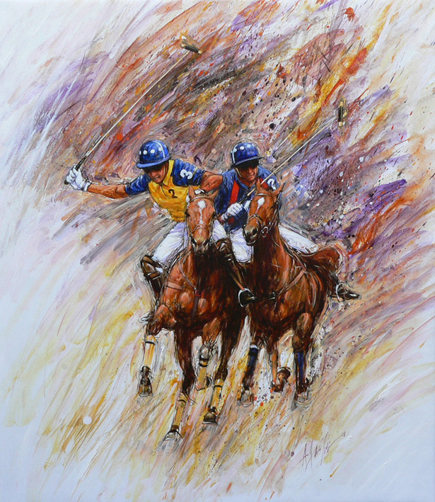 615x709 Polo Ii Original Horse Racing Oil Painting By Equestrian Artist - Polo Painting