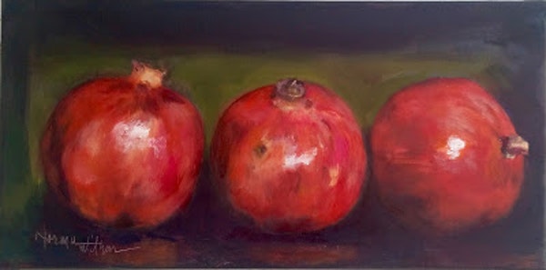 600x297 Norma Wilson Original Oil Fruit Still Life Pomegranate Food Art - Pomegranate Painting