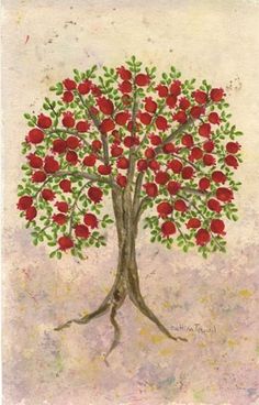 236x368 Pomegranate Tree, Folk Art Inspired Art, Mediteranean, Watercolor - Pomegranate Tree Painting