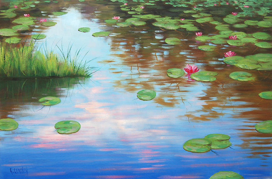 900x594 Lily Pond Painting By Graham Gercken - Pond Painting