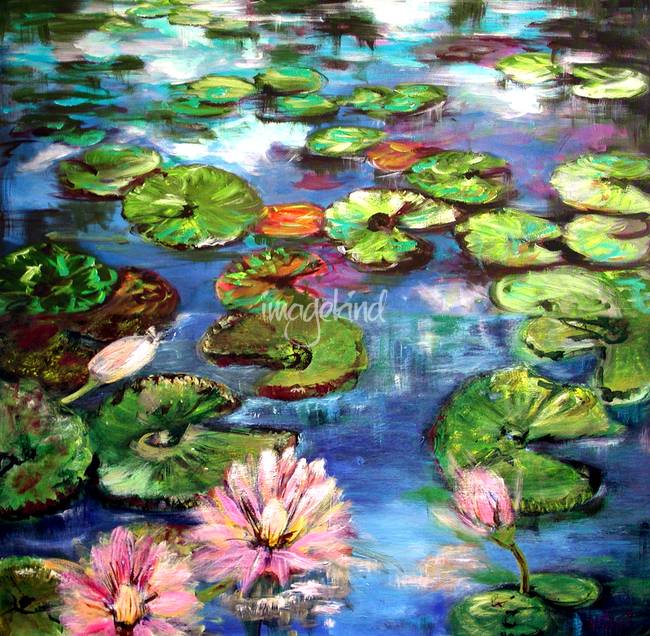 650x636 Lily Pond Reflections Original Painting By Ginette By Ginette Callaway - Pond Painting